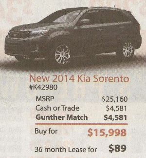 This ad for a 2014 Kia Sorento uses ambiguity to trick buyers. 