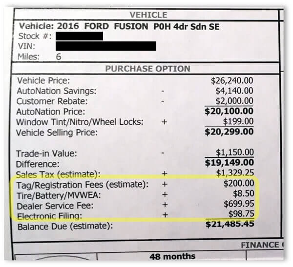 AutoNation quote sheet with dealer fee