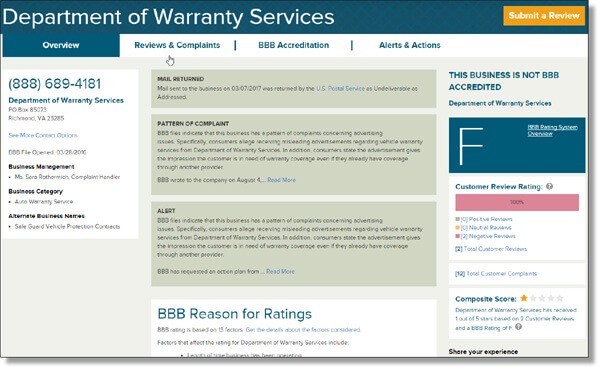 Better Business Bureau report with an F-Rating for Department of Warranty Services