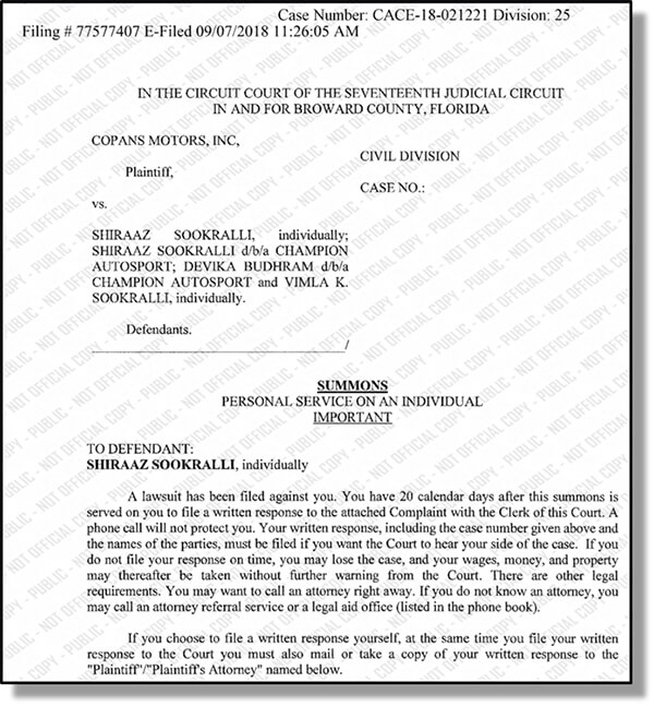 Lawsuit file by Champion Porsche against former sales employee. Credit: BrowardClerk.org