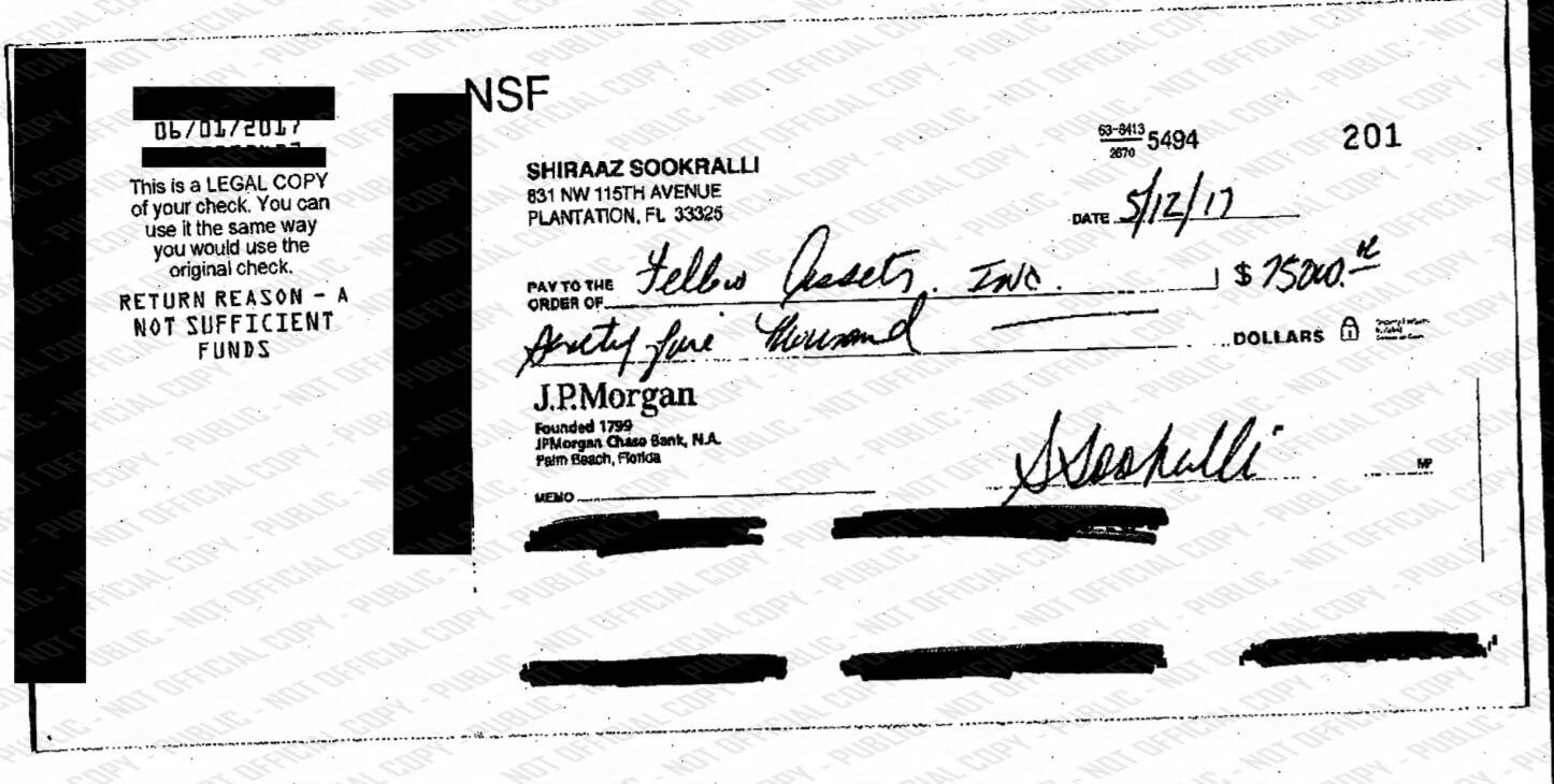 One of 4 bounced checks from Shiraaz Sookralli. Credit: Broward Clerk.org