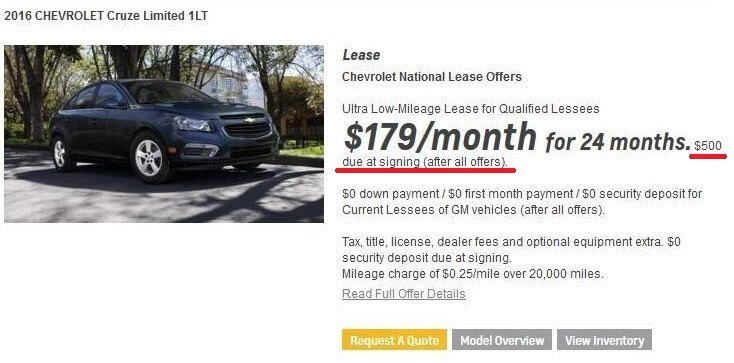 The hidden $500 signing fee contradicts the “$0 down payment” listed beneath it. 