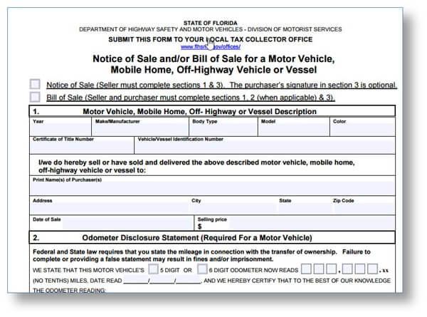 Example of the Florida Department of Highway Safety and Motor Vehicles Notice of Sale Form HSMV 82050