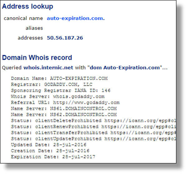 Domain lookup shows web site Auto-Expiration.com was created July 28, 2016