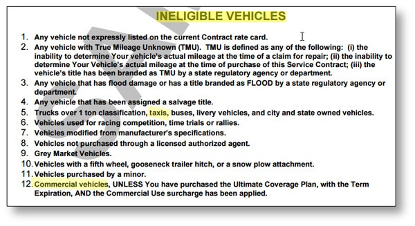 warranty contract showing ineligible vehicles