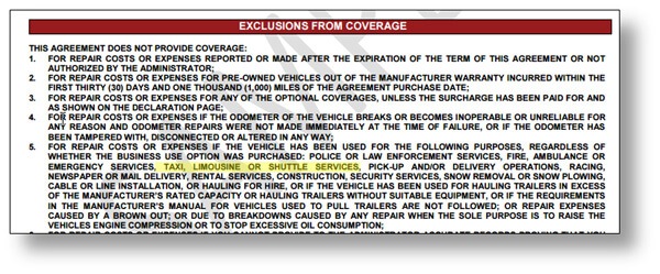 warranty contract showing vehicles excluded from coverage