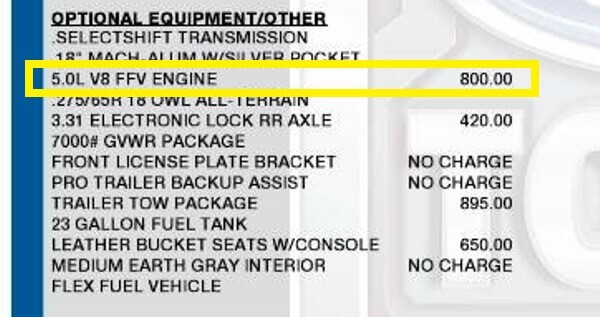 ford f-150 v8 engine option price on lariat