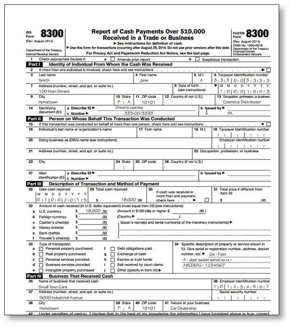 IRS Form 8300 Report of Cash Payments over $10,000