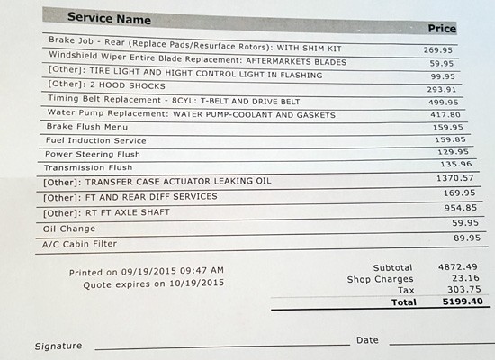 Summary page of our status report supplied by the dealer