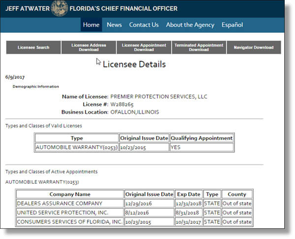 Florida Department of Financial Services lookup of license # shows several companies, not sure why all the confusing names.
