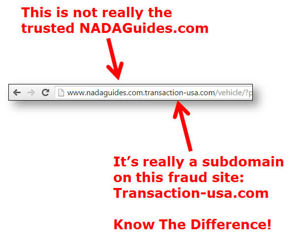 Fraud site web address tricks victims, thinking they are on NADA Guides