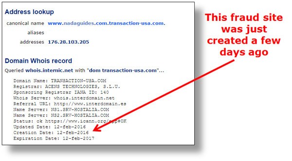 Domain name lookup of the alleged fraud site posing as NADA Guides