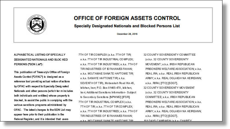 OFAC Specially Designated Nationals (SDN) list of blocked persons