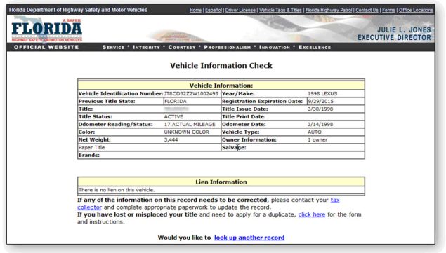 How do you search for liens against a vehicle?