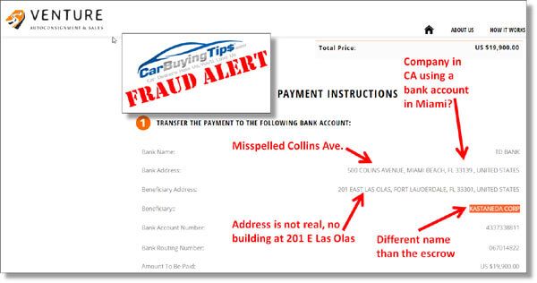 Transaction page with bank wiring instructions on fake escrow web site shows lies and errors that can be proven in seconds by doing Google searches