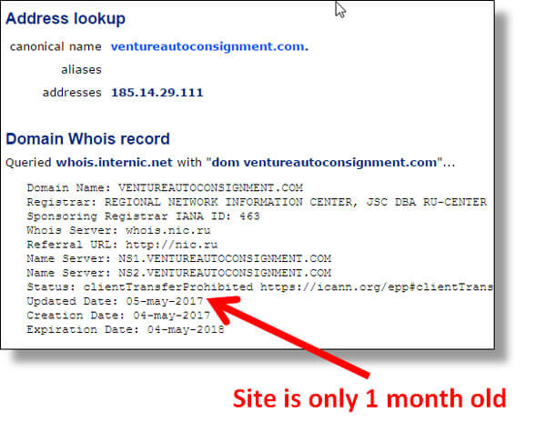 Whois lookup shows VentureAutoConsignment.com was just created on May 4th, proving their copyright 2009 claim on their web site is false