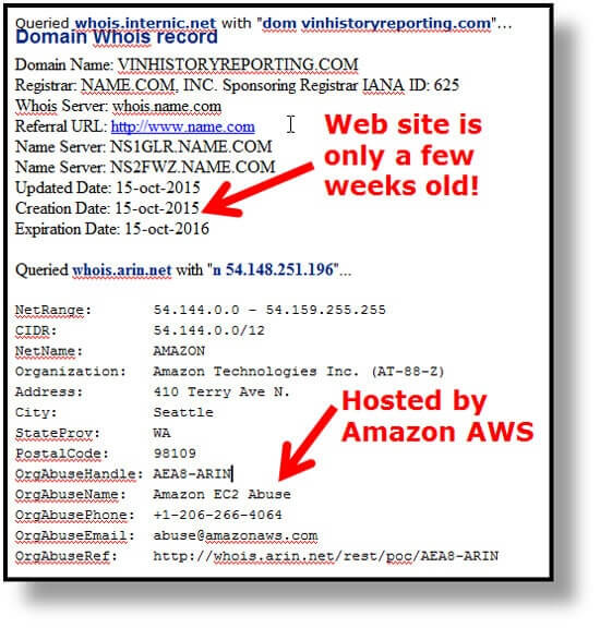 VINHistory whois screenshot