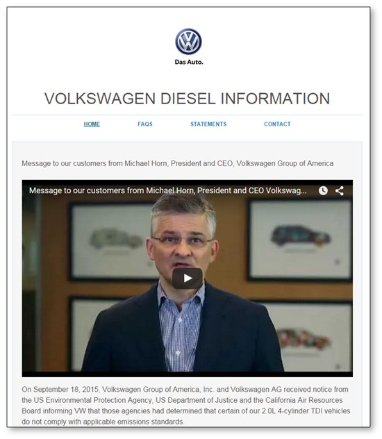 Volkswagen Website Announcement Screen Shot