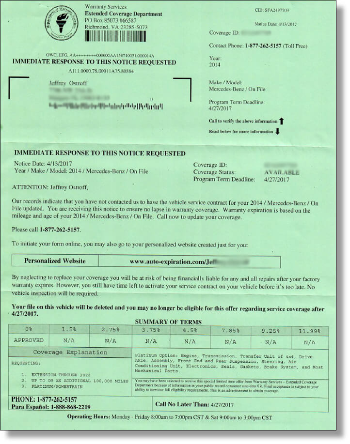 extended warranty solicitation letters I received