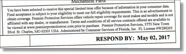 Warranty solicitation we received from Premier Protection Services out of St. Charles, MO