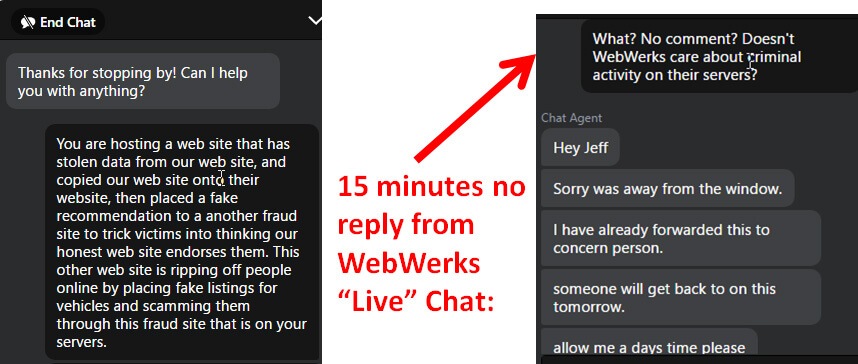 Chat session we tried to have with WebWerx India hosting service about their client who is in violation of the law